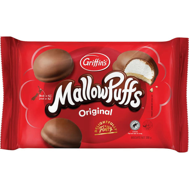 Delicious Griffins Mallowpuffs with crispy biscuit, fluffy marshmallow, and rich milk chocolate coating, made in New Zealand.