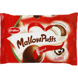 Griffins Mallowpuffs Chocolate Biscuits: crispy biscuits topped with marshmallow and coated in rich milk chocolate.