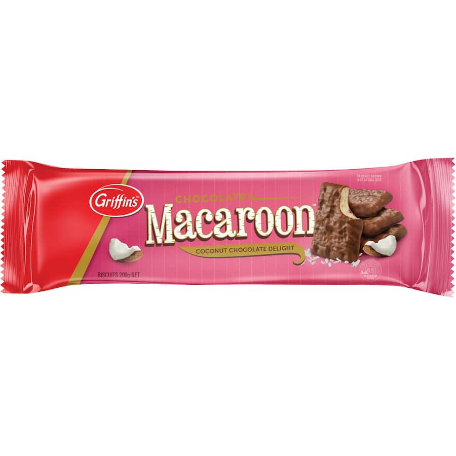 Griffins Macaroon Chocolate Biscuits: coconut-filled treats coated in rich milk chocolate, perfect for indulgent snacking.