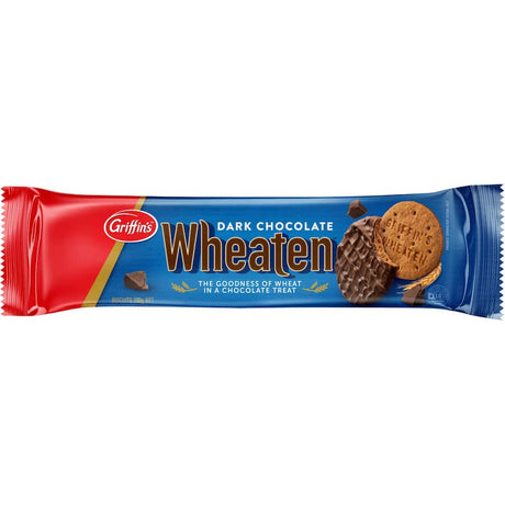 Griffins Chocolate Biscuits Wheaten Dark: whole wheat biscuits half-coated in rich dark chocolate, perfect for a guilt-free snack.