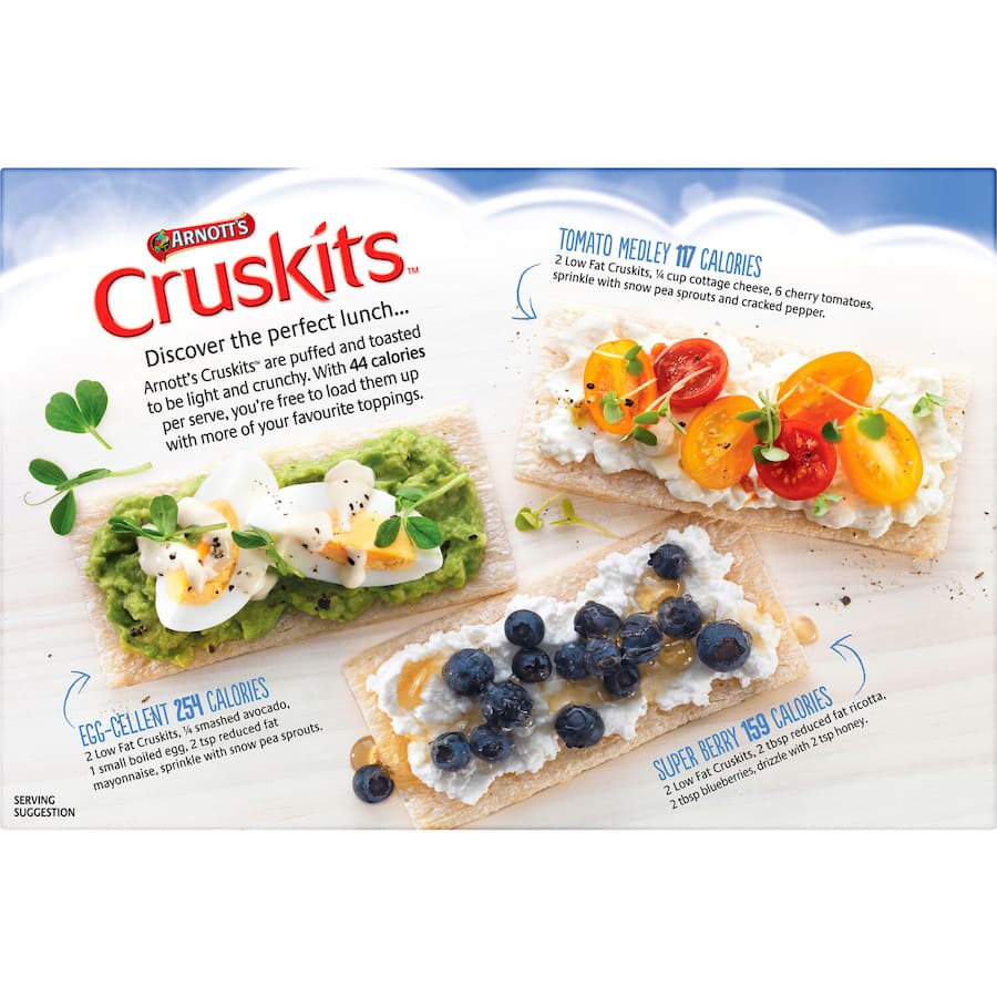 Arnotts Cruskits Low Fat Crispbread: 98% fat-free, cholesterol-free, high in carbs, perfect for healthy snacking.