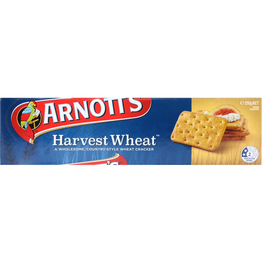 A pack of Arnotts Harvest Wheat Crackers, showcasing their crunchy texture and natural ingredients for versatile snacking.