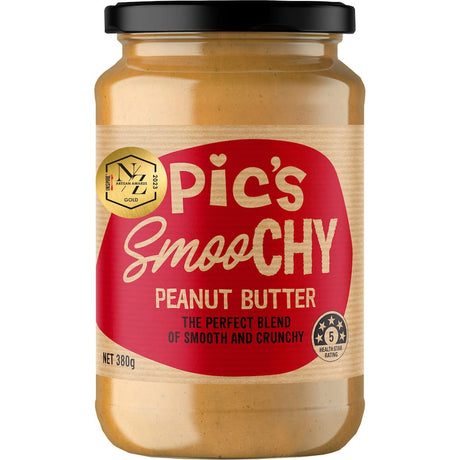 Creamy Pic's Smoochy Peanut Butter made from roasted peanuts and sea salt, perfect for guilt-free snacking.