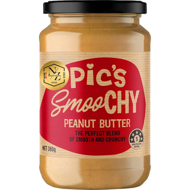 Creamy Pic's Smoochy Peanut Butter made from roasted peanuts and sea salt, perfect for guilt-free snacking.