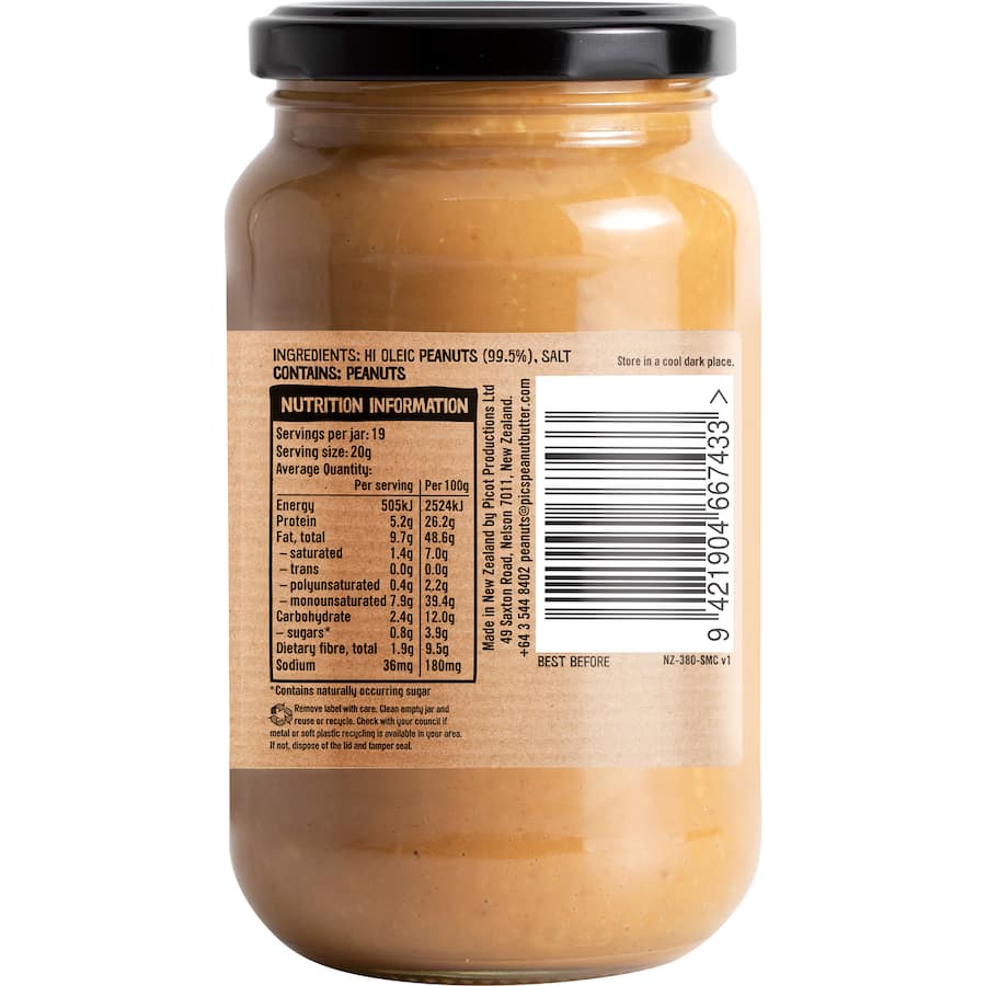 Creamy Pic's Smoochy Peanut Butter made from roasted peanuts and sea salt, perfect for a guilt-free snack.