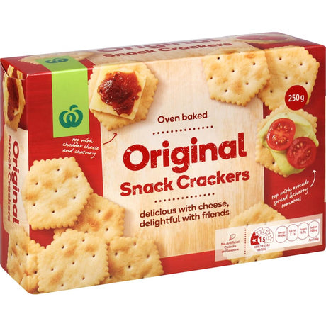 Crispy Woolworths Original Crackers made from wheat flour, perfect for pairing with cheeses and dips, free from artificial additives.