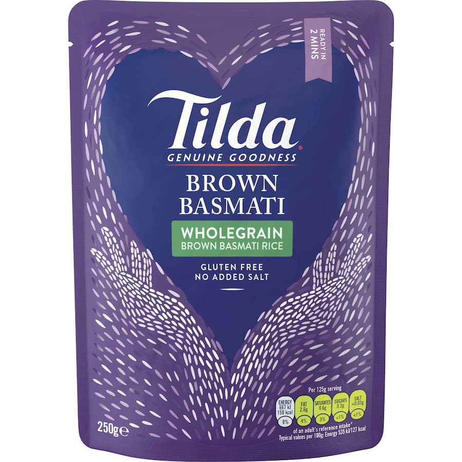 Microwavable pouch of Tilda Brown Basmati Rice, rich in fiber and nutrients, perfect for quick vegetarian meals.