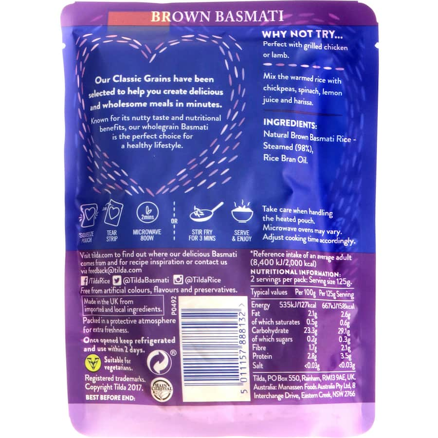 Microwavable pouch of Tilda Steamed Rice Brown Basmati, nutritious, gluten-free, and ready to elevate your healthy meals.