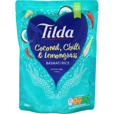 Tilda Coconut Lemongrass Basmati Rice in a microwavable pouch, offering flavorful Thai-inspired convenience for quick meals.