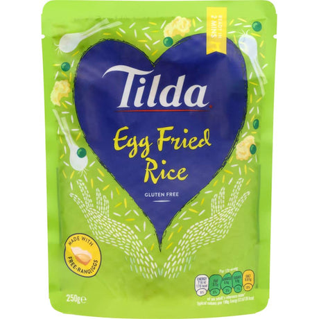 Tilda Steamed Rice Egg Fried Rice: a ready-to-eat, gluten-free meal with fluffy eggs and peas for a quick, flavorful dish.