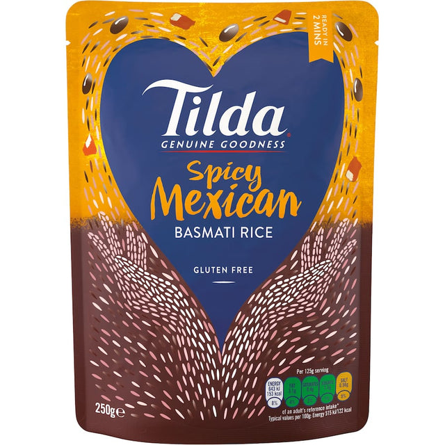 Tilda Steamed Rice Mexican Chilli & Bean Basmati in a microwavable pouch, featuring fluffy rice and bold Mexican flavors.