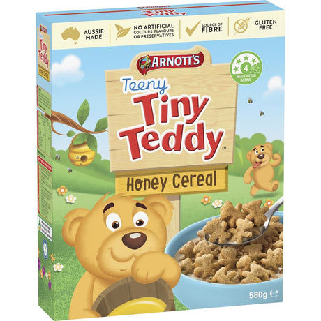 Crunchy Arnott's Tiny Teddy Cereal Honey in fun teddy bear shapes, perfect for a nutritious breakfast or snack.