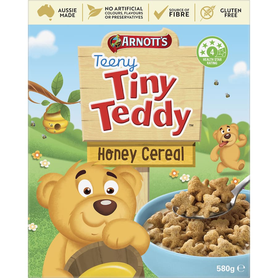 Arnott's Tiny Teddy Cereal Honey - crunchy, honey-flavored teddy bear-shaped cereal perfect for kids and adults.