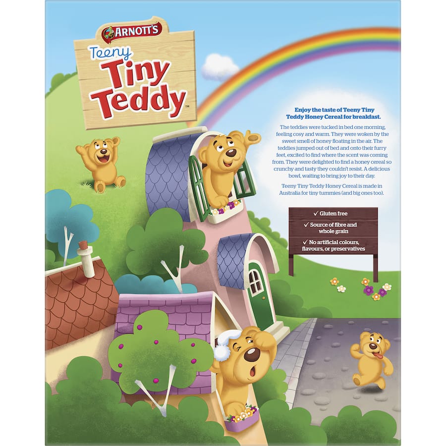 A bowl of Arnott's Tiny Teddy Cereal Honey featuring crunchy teddy bear-shaped pieces infused with honey flavor.