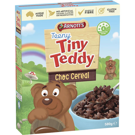 Delicious Arnott's Tiny Teddy Cereal Choc with chocolatey flavor, perfect for fun breakfasts and snacks for kids.