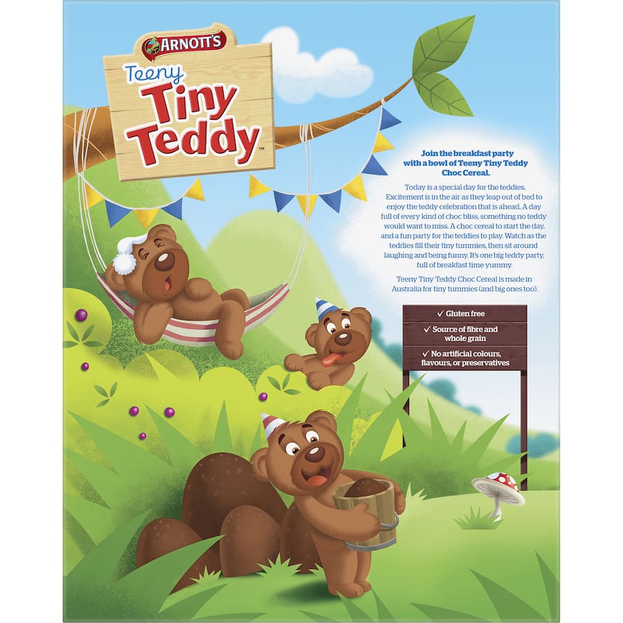 Chocolate-flavored Tiny Teddy cereal featuring teddy bear shapes, perfect for kids and delightful breakfast fun.