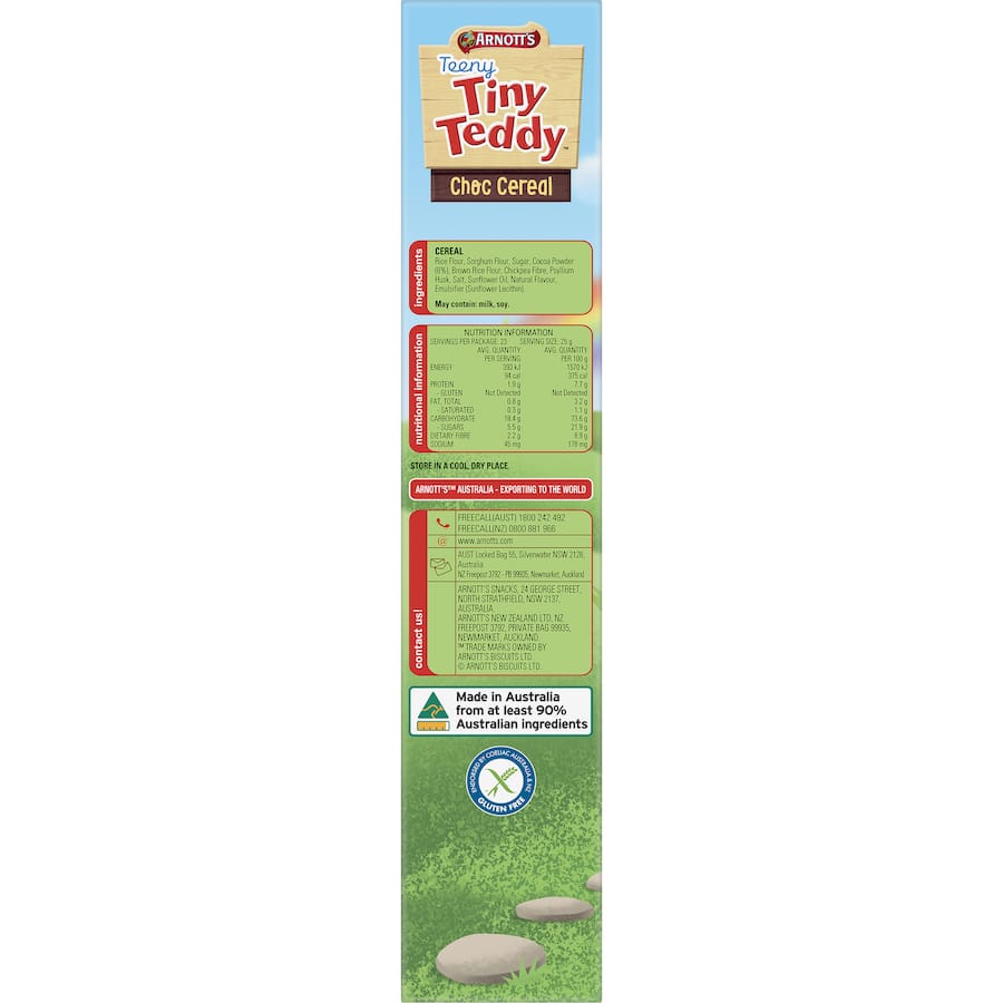 Arnott's Tiny Teddy Cereal Choc features teddy bear shapes in a delicious chocolatey cereal, perfect for kids' breakfasts.