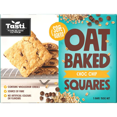 Delicious gluten-free Tasti Oat Bars with rich choc chips, perfect for a nutritious snack or quick breakfast.