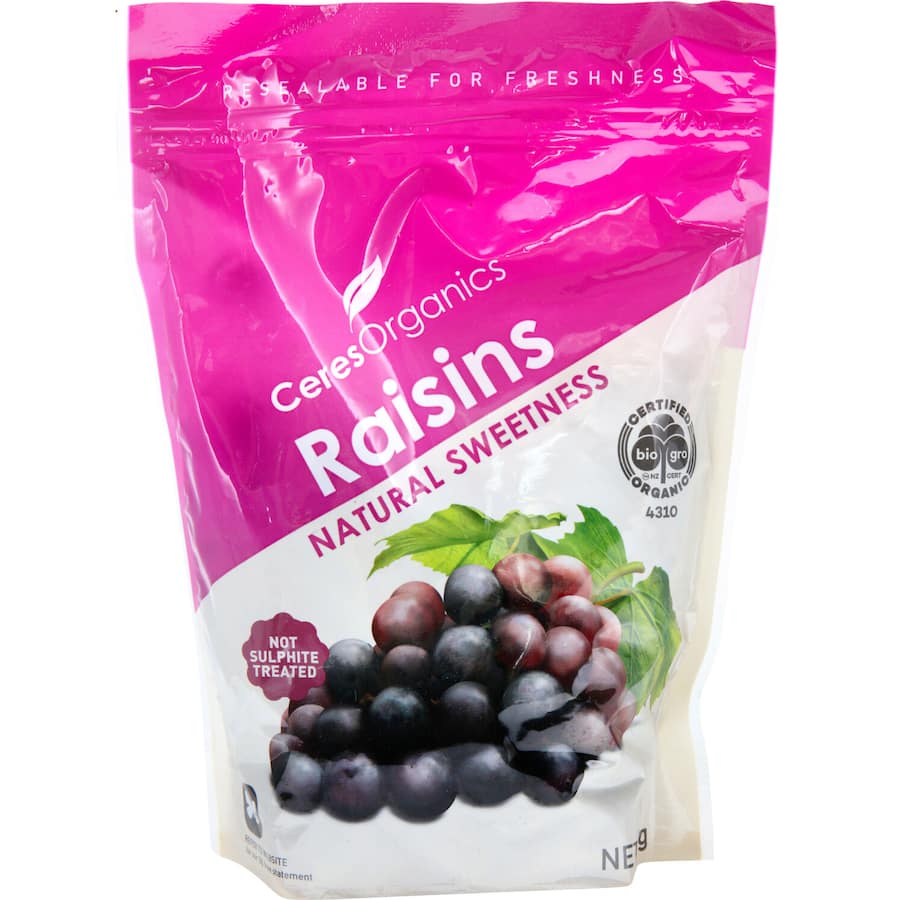 Ceres Organics Raisins: plump, organic, preservative-free raisins perfect for snacking, baking, and enhancing meals.