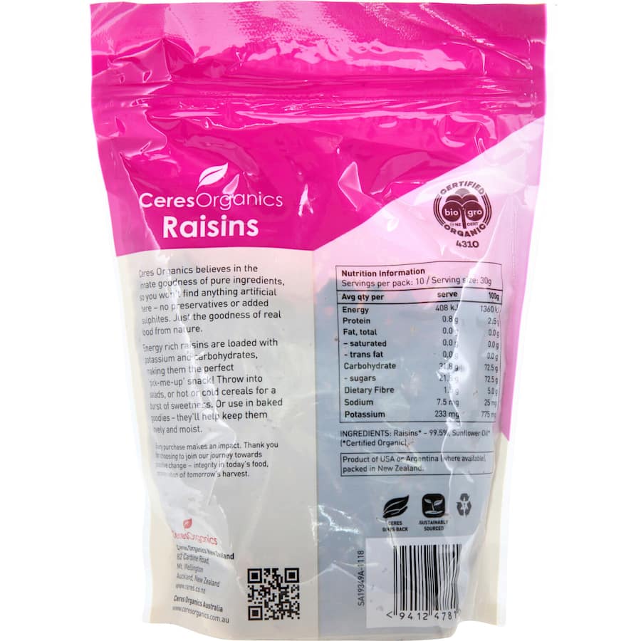 Ceres Organics Raisins: plump, organic, preservative-free treats perfect for snacking or enhancing cereals and baked goods.