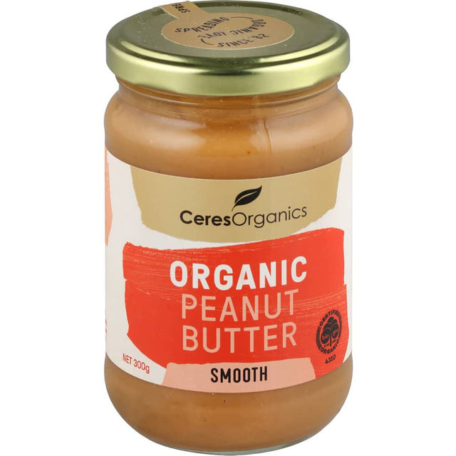 Ceres Organics Peanut Butter Smooth in a jar, showcasing its creamy texture and organic ingredients for a nutritious spread.