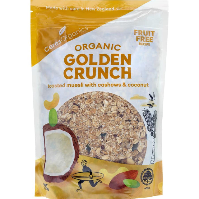 Crunchy toasty organic muesli with oats, seeds, cashews, and coconut, perfect for a healthy breakfast.