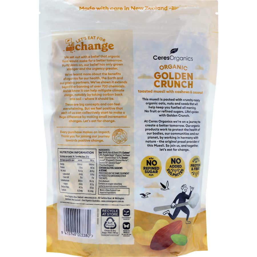 Ceres Organics Golden Crunch Muesli: toasted oats, seeds, cashews, and coconut chips in eco-friendly packaging.