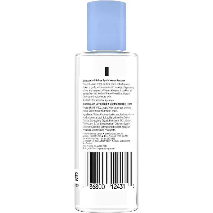 Neutrogena Oil-Free Eye Make-Up Remover, dual-phase liquid for gently removing waterproof mascara without oily residue.