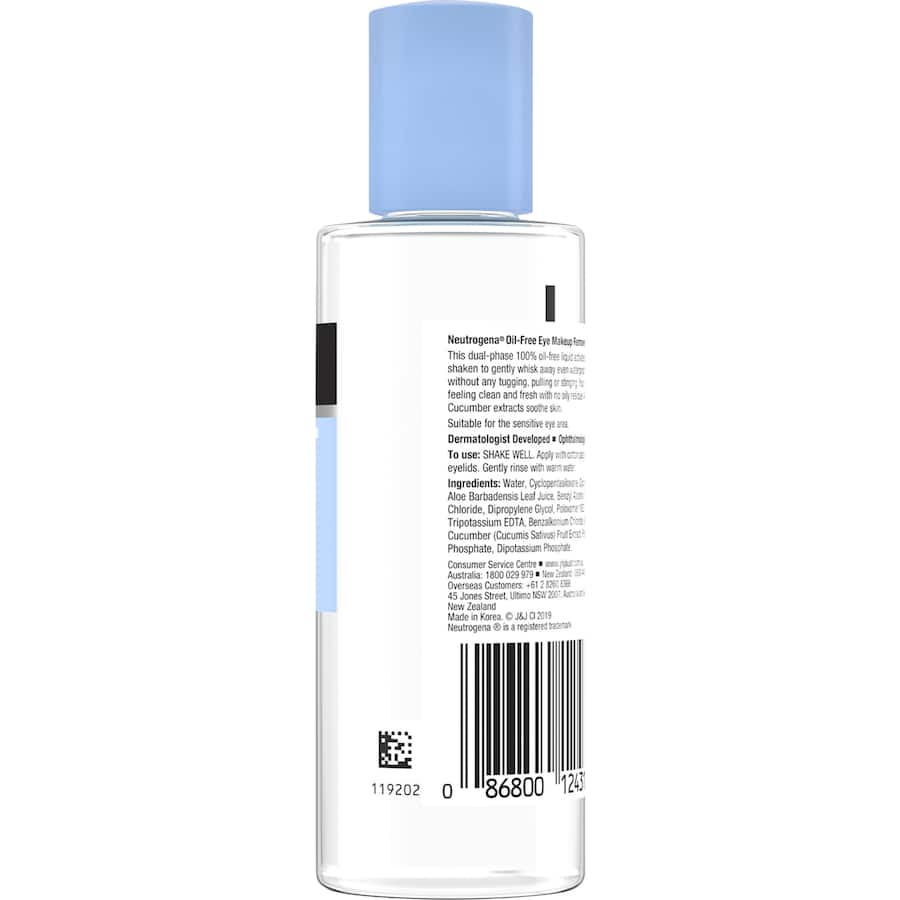 Neutrogena Oil-Free Eye Makeup Remover bottle displaying dual-phase formula for gentle, effective makeup removal.