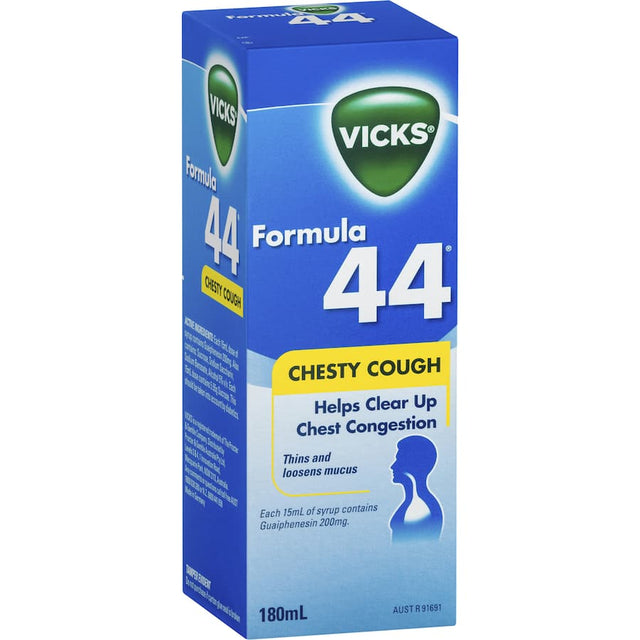 Vicks Formula 44 Cough Medicine for chest congestion, featuring guaifenesin for effective relief and a pleasant taste.