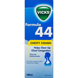 Vicks Formula 44 Cough Medicine bottle, featuring guaifenesin for effective relief from chesty coughs and congestion.