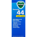 Vicks Formula 44 Cough Medicine bottle, designed for chest congestion relief with guaifenesin, soothing and non-drowsy.