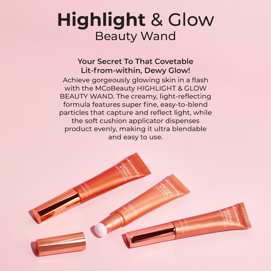 "Mcobeauty Highlight & Glow wand in various shades, featuring a soft applicator for luminous, radiant skin."