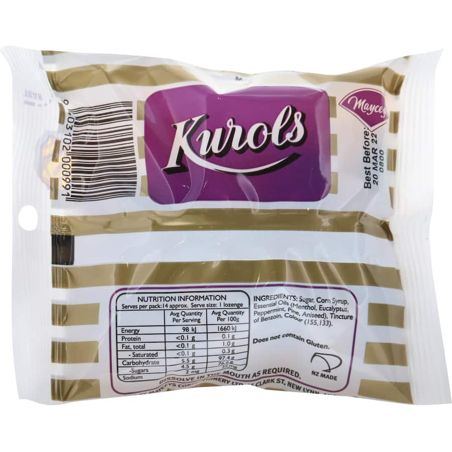 Kurols Lozenges Original Mentholated packaging featuring strong menthol, ideal for soothing sore throats and nasal congestion.