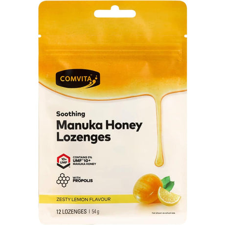 Lozenges featuring lemon and UMF™ 10+ Manuka honey, designed for throat soothing and immune support.