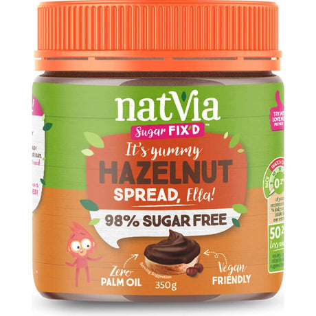 Natvia Hazelnut Spread in a jar, showcasing a rich blend of hazelnuts, creamy texture, and a label highlighting no added sugar.