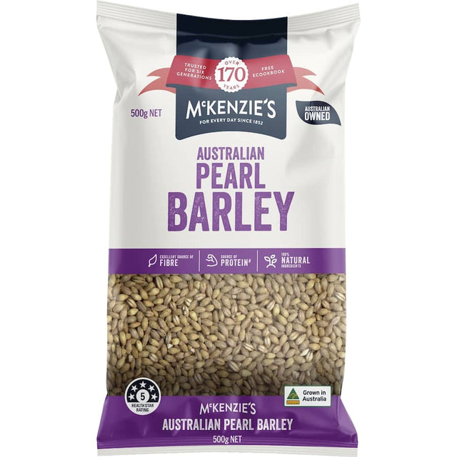 A bag of McKenzie's Pearl Barley, an ancient grain perfect for soups, salads, and risottos, showcasing its premium quality.