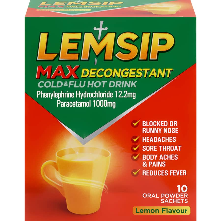 Lemsip Max Lemon Hot Drink sachet for fast relief from cold and flu symptoms, featuring Paracetamol and Phenylephrine.