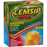 Lemsip Max Cold & Flu drink sachet with lemon flavor for quick relief from cold symptoms, aches, and fever.