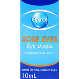 Optrex Eye Care Sore Eye Drops bottle offering relief for tired, irritated eyes caused by modern living and environmental stressors.