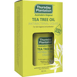 Bottle of Thursday Plantation 100% pure tea tree oil, known for its antibacterial properties and natural skin cleansing benefits.