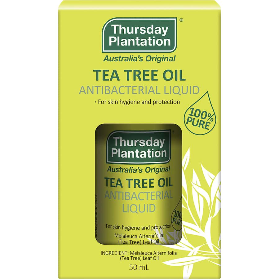 100% pure Thursday Plantation Tea Tree Oil, a natural antibacterial liquid for deep cleansing and skin hygiene.