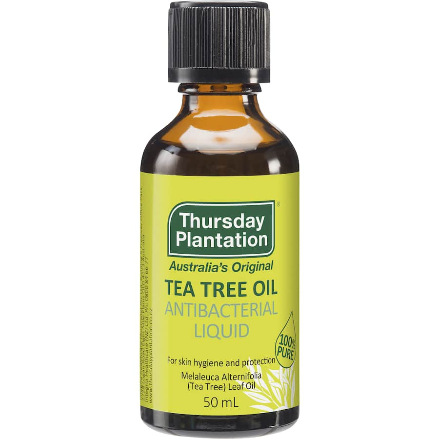 100% pure Thursday Plantation Tea Tree Oil, an antibacterial essential oil for natural skincare and hygiene, suitable for all skin types.