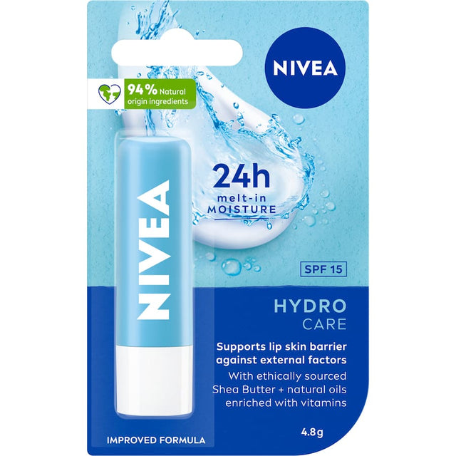 Nivea Hydro Care Lip Balm (4.8g) offers intense hydration, SPF 15 protection, and a smooth, non-sticky formula for soft lips.