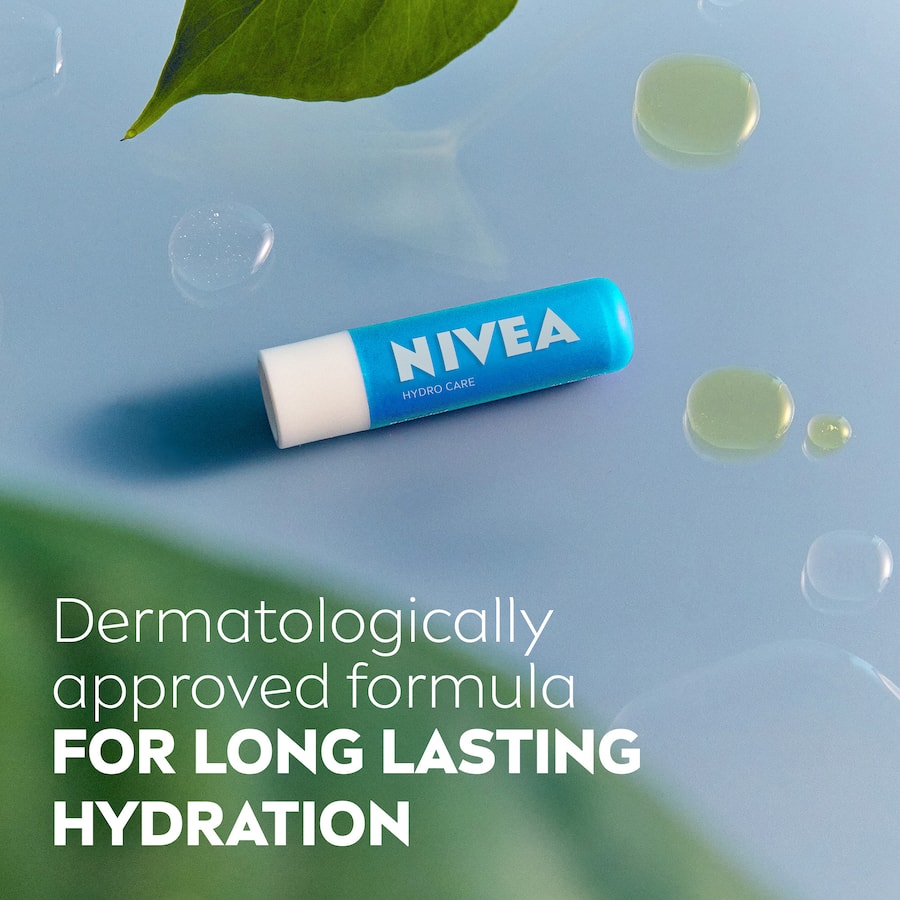 Nivea Hydro Care Lip Balm (4.8g) with SPF 15, enriched with oils and shea butter for 24-hour hydration and protection.