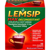 Lemsip Max Cold & Flu Blackcurrant hot drink sachets for relief from cold symptoms, headaches, sore throats, and fevers.