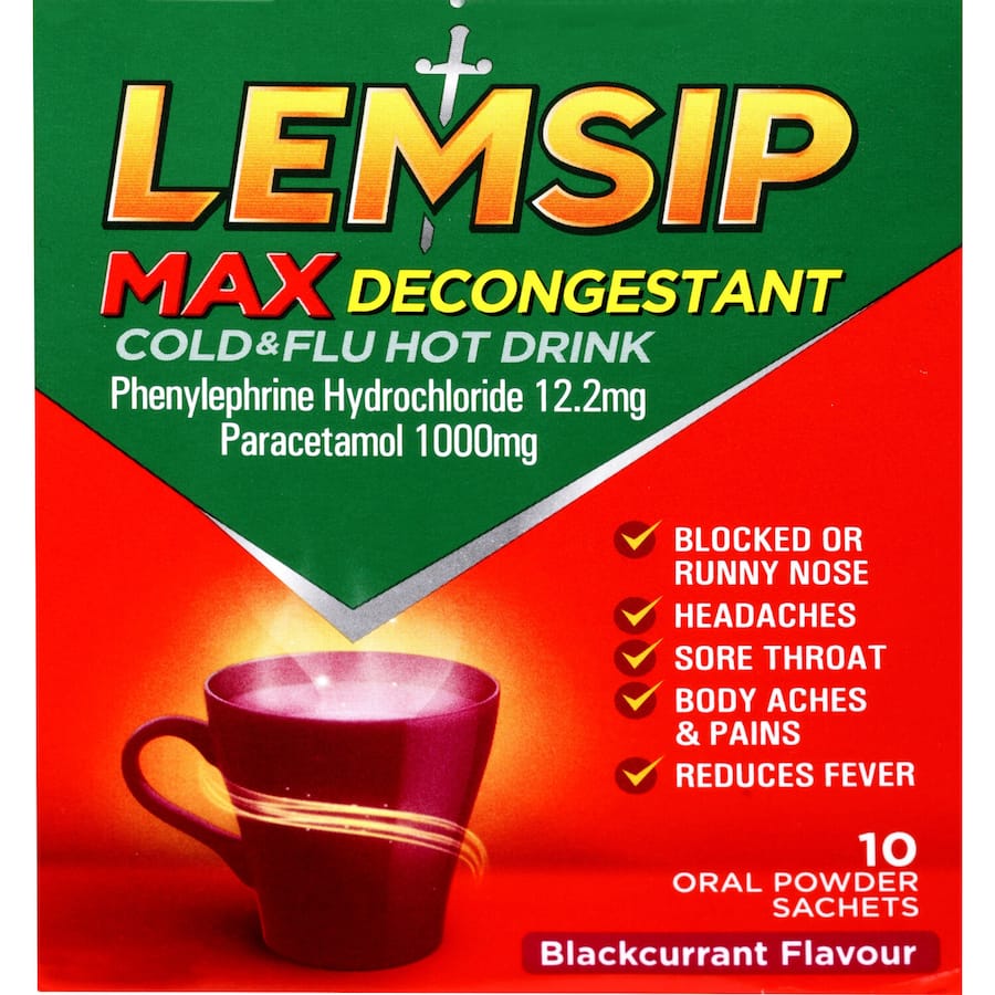 Lemsip Max Decongestant Cold & Flu hot drink in blackcurrant flavor, offering relief from cold symptoms with Paracetamol and Phenylephrine.