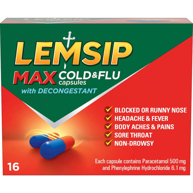 Lemsip Max Cold & Flu Medicine: non-drowsy relief for blocked nose, headaches, body aches, and sore throat.