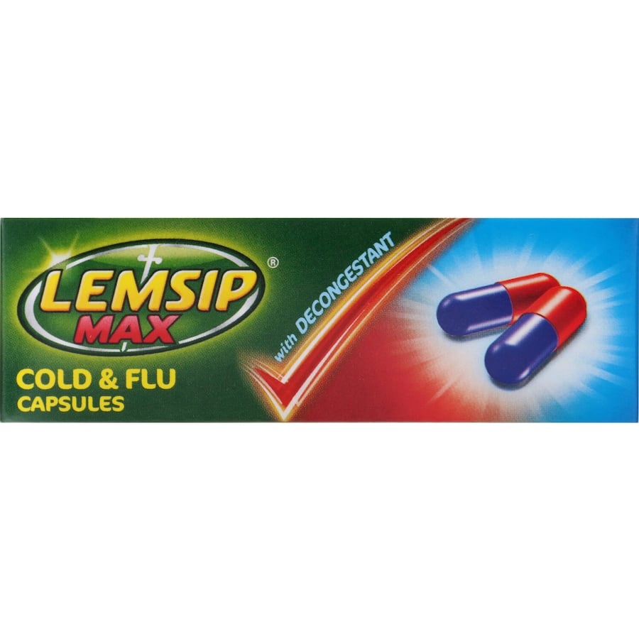 Lemsip Max Cold & Flu Medicine caplets, offering non-drowsy relief for cold symptoms with a decongestant for easy breathing.