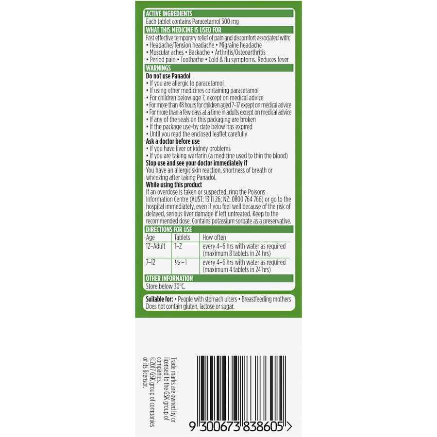 Panadol 500mg for effective pain relief from headaches, toothaches, and more, also reducing fever swiftly.